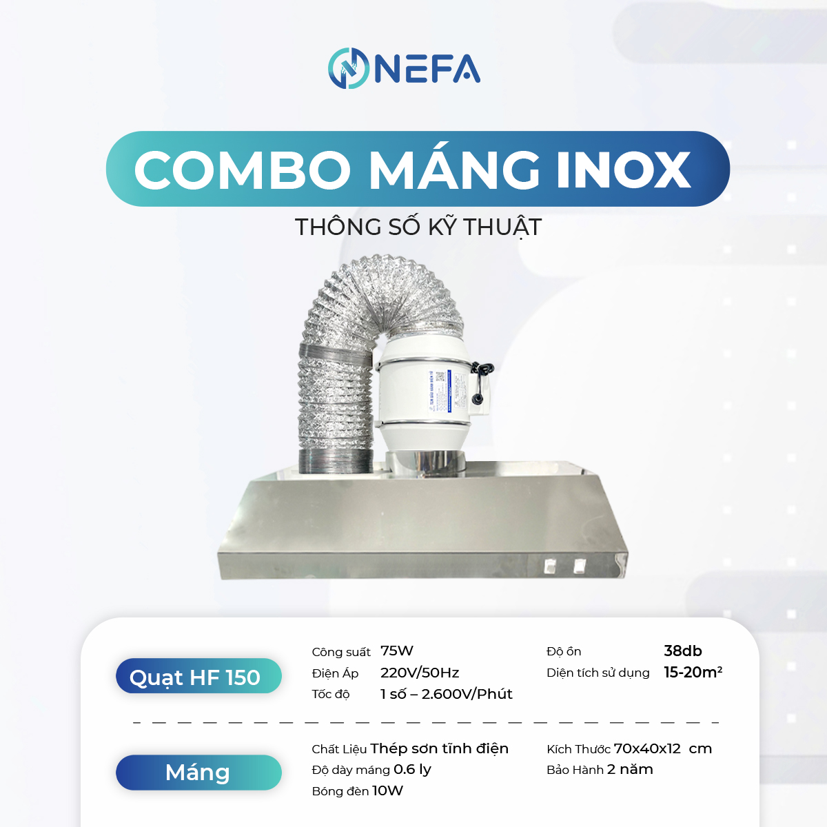 Bảng thông số kỹ thuật Combo Quạt Hút Mùi Máng Chụp Inox