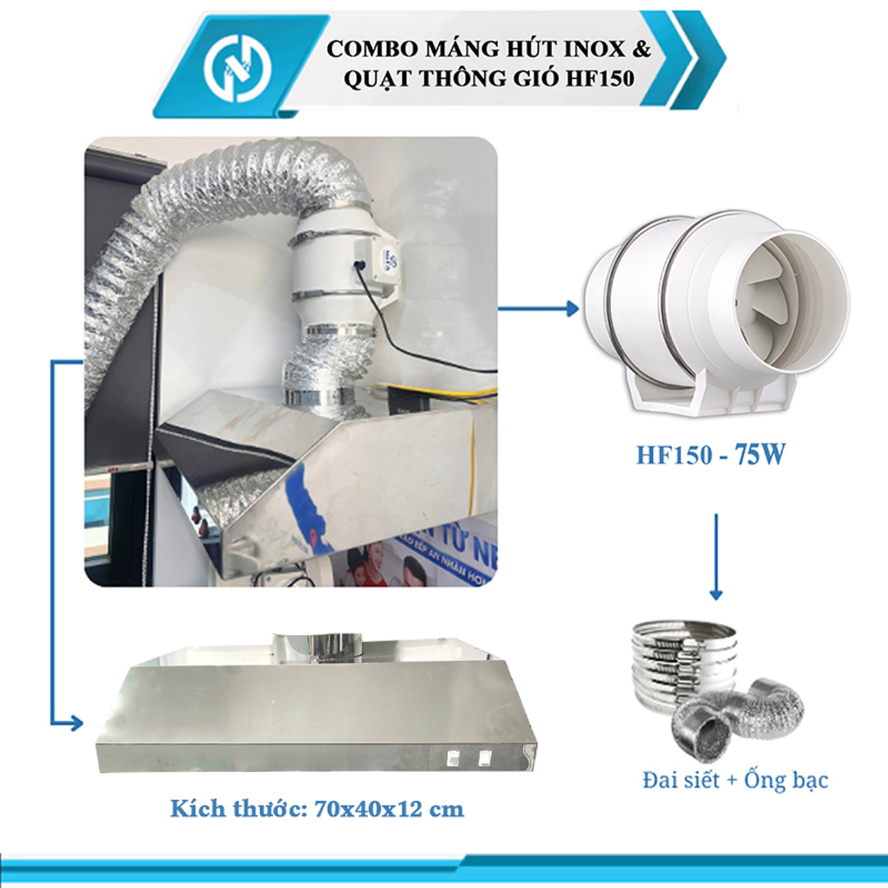 Combo Quạt Hút Mùi Máng Chụp Inox