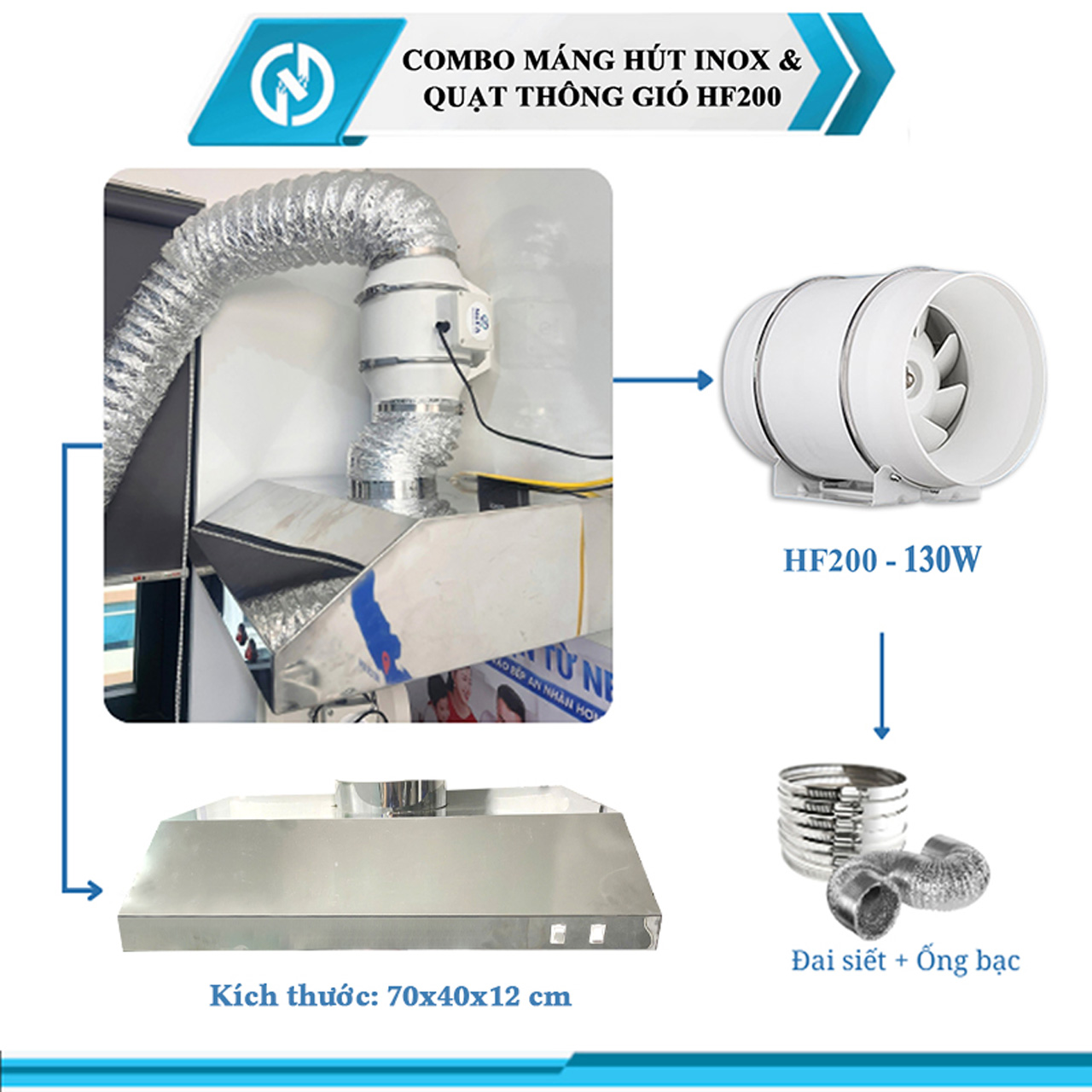 Combo Quạt Hút Mùi Máng Chụp Inox
