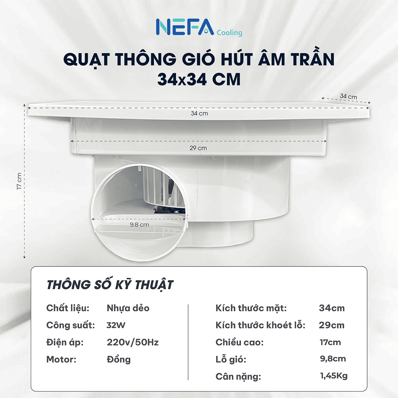 Thông số kỹ thuật Quạt âm trần vuông