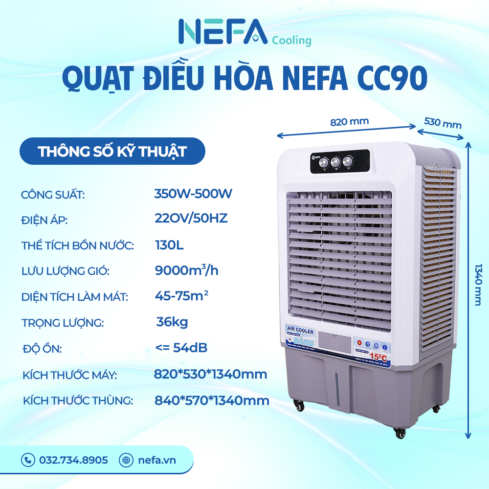 Thông số kỹ thuật Quạt Điều Hòa Hơi Nước Nefa CC90 – Cơ