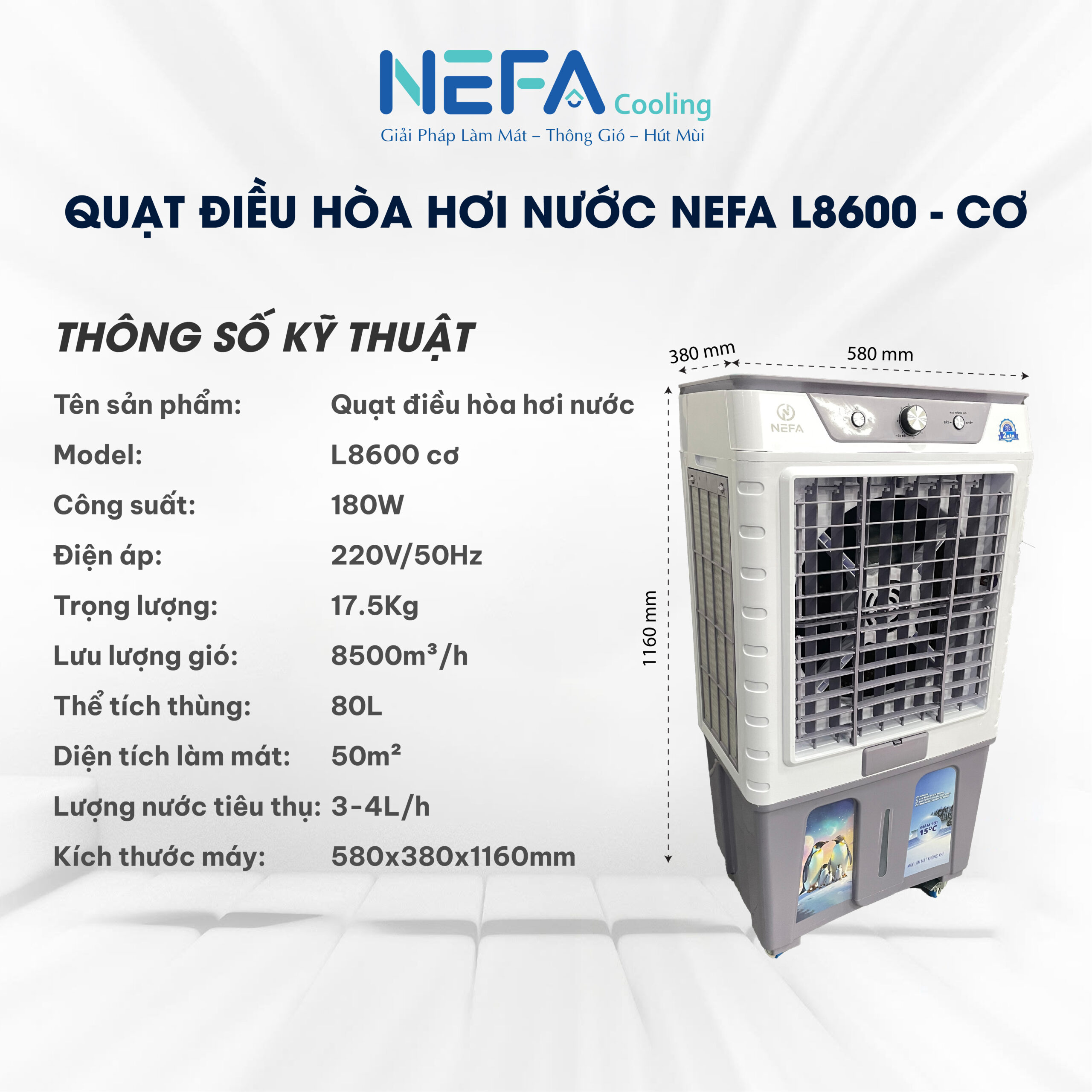 Thông số QDH L8600 cơ Thông số Quạt điều hòa hơi nước Nefa L8600 - Cơ