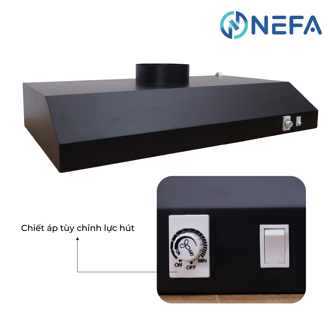 Combo Quạt hút mùi máng chụp sơn tĩnh điện NEFA HF Plus có chiết áp tùy chỉnh lực hút linh hoạt.