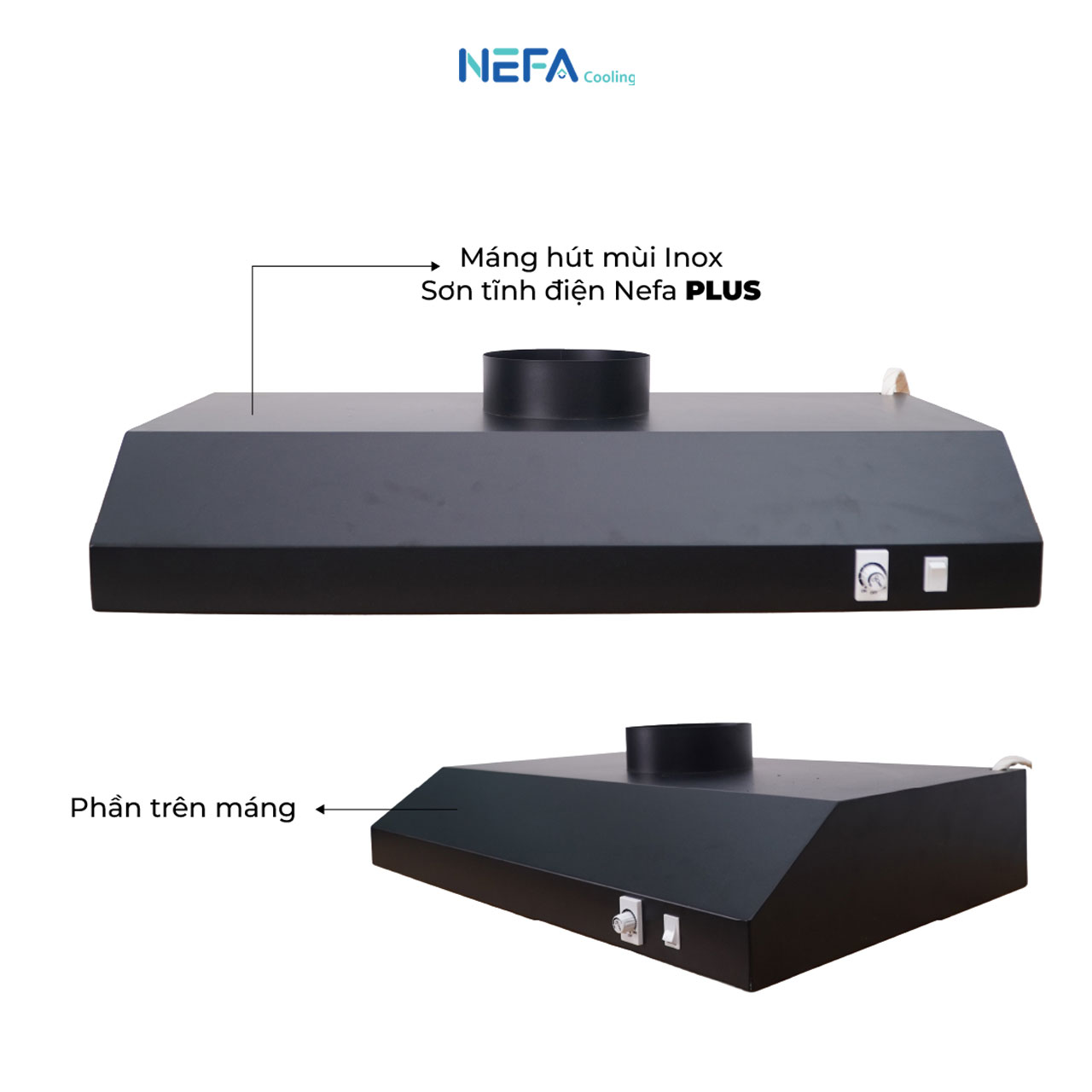 Combo Quạt hút mùi máng sơn tĩnh điện NEFA HF Plus cs máng hút mùi hiện đại, dễ vệ sinh, thiết kế đơn giản mà đẹp.