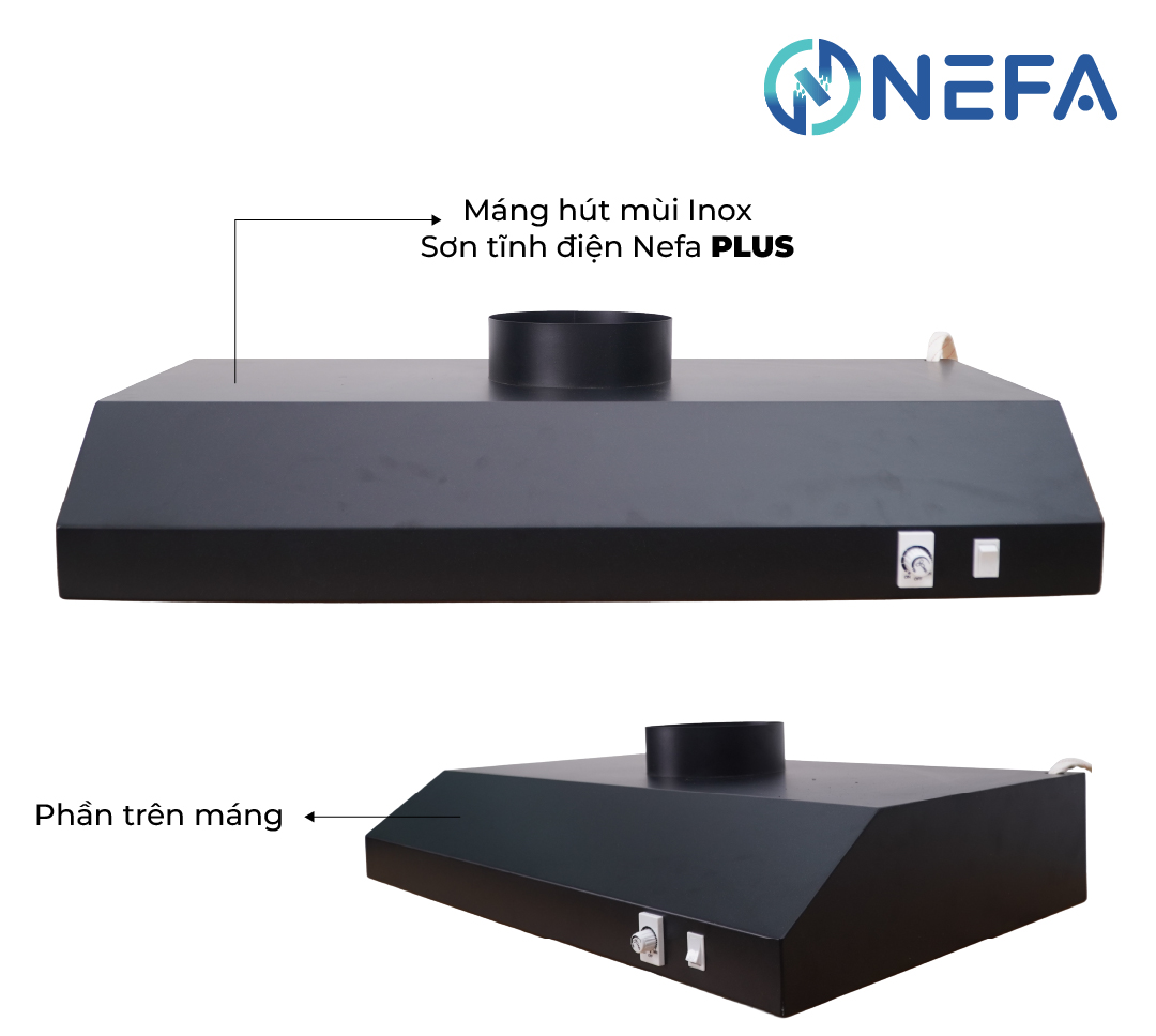 Combo Quạt hút mùi máng chụp sơn tĩnh điện NEFA HF Plus cs máng hút mùi hiện đại, dễ vệ sinh, thiết kế đơn giản mà đẹp.