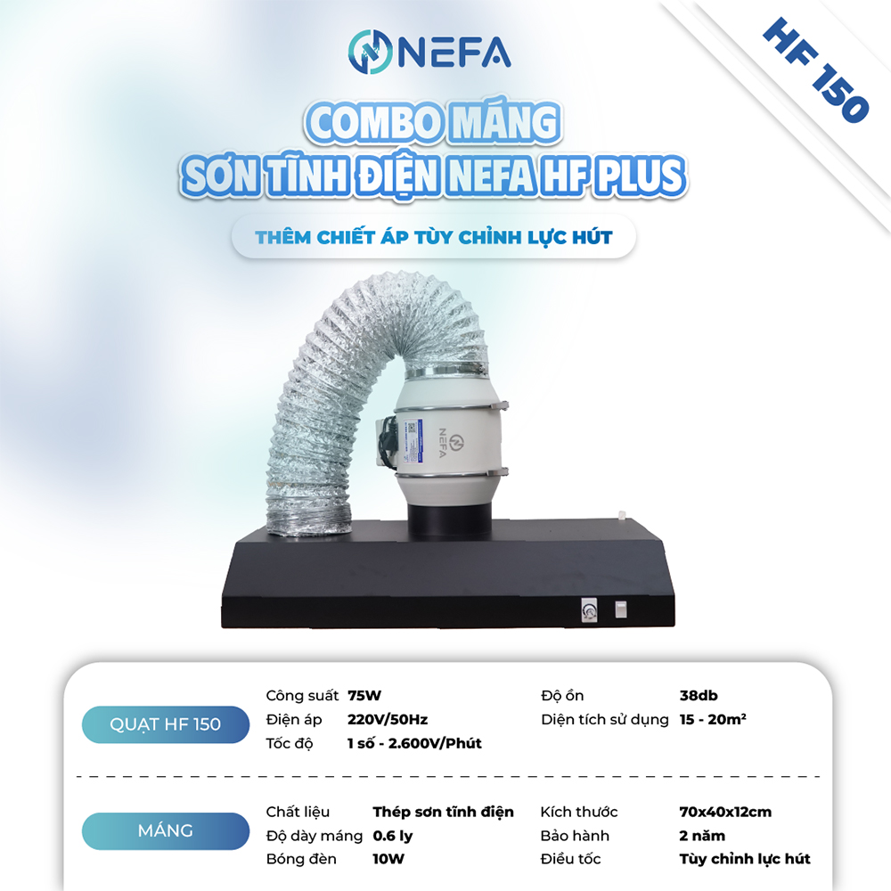 Thông số kỹ thuật Combo Quạt Hút Mùi Máng Chụp Sơn Tĩnh Điện NEFA HF Plus bản HF150.