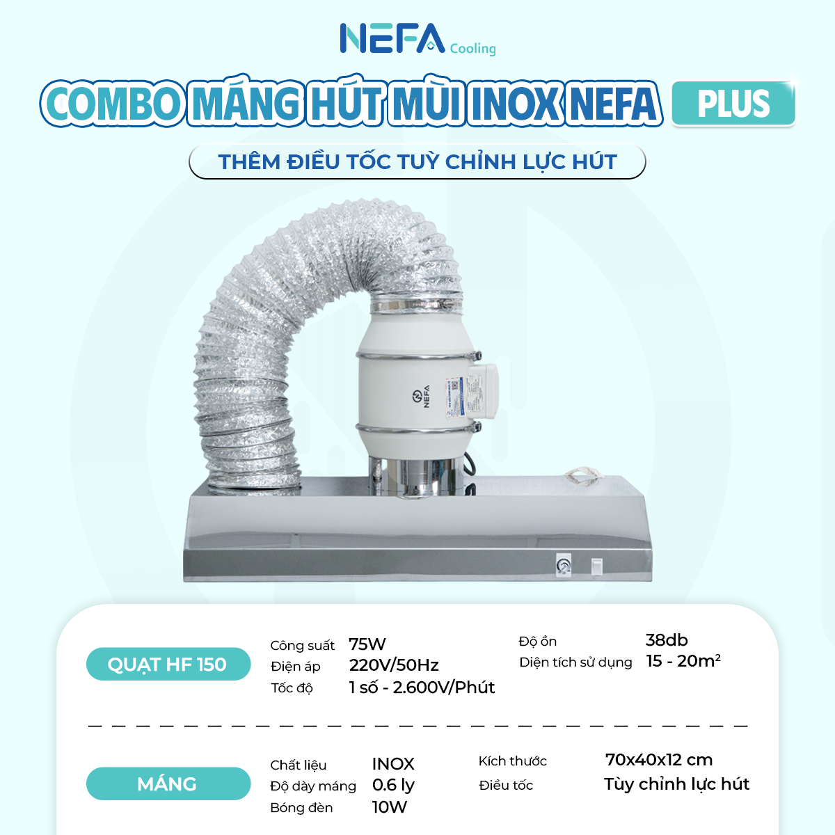 Thông số kỹ thuật Quạt Hút Mùi Máng Chụp Inox NEFA HF Plus
