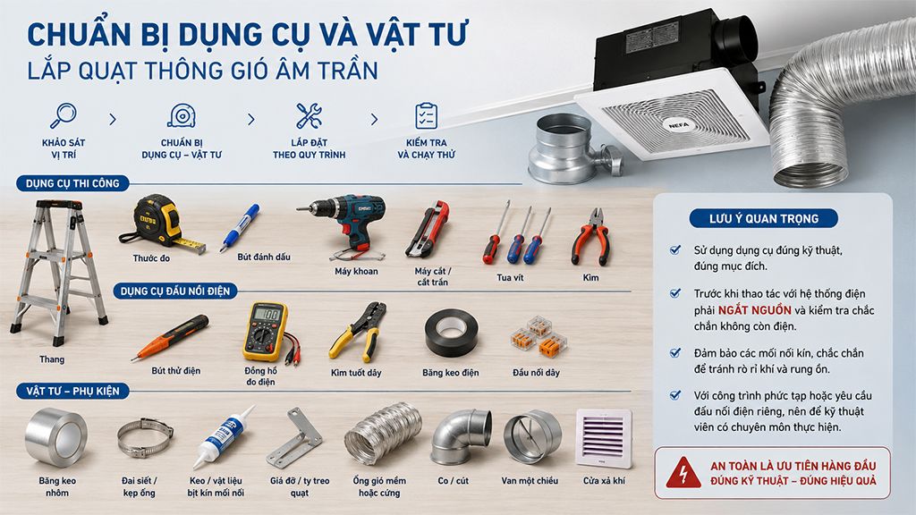 Chuẩn bị dụng cụ và vật tư lắp quạt thông gió âm trần.