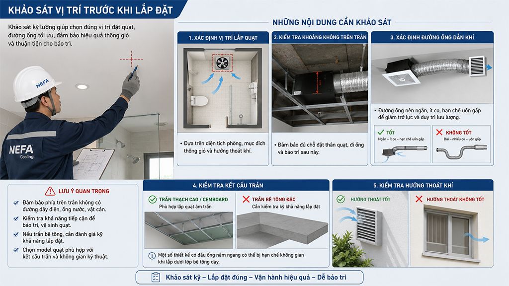 Khảo sát vị trí trước khi lắp đặt quạt thông gió âm trần.