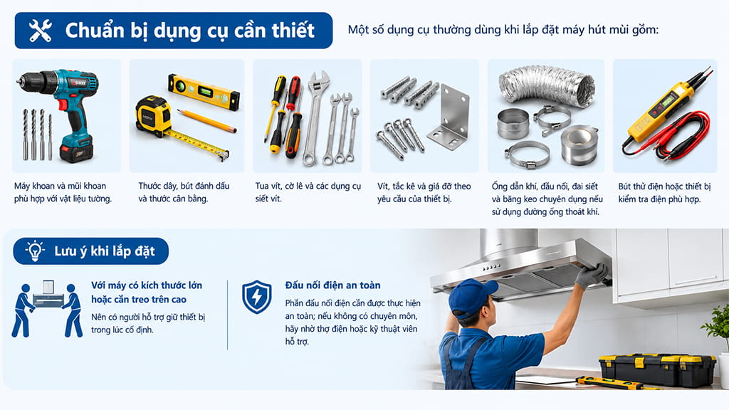 Chuẩn bị đủ dụng cụ lắp đặt máy hút mùi bếp.